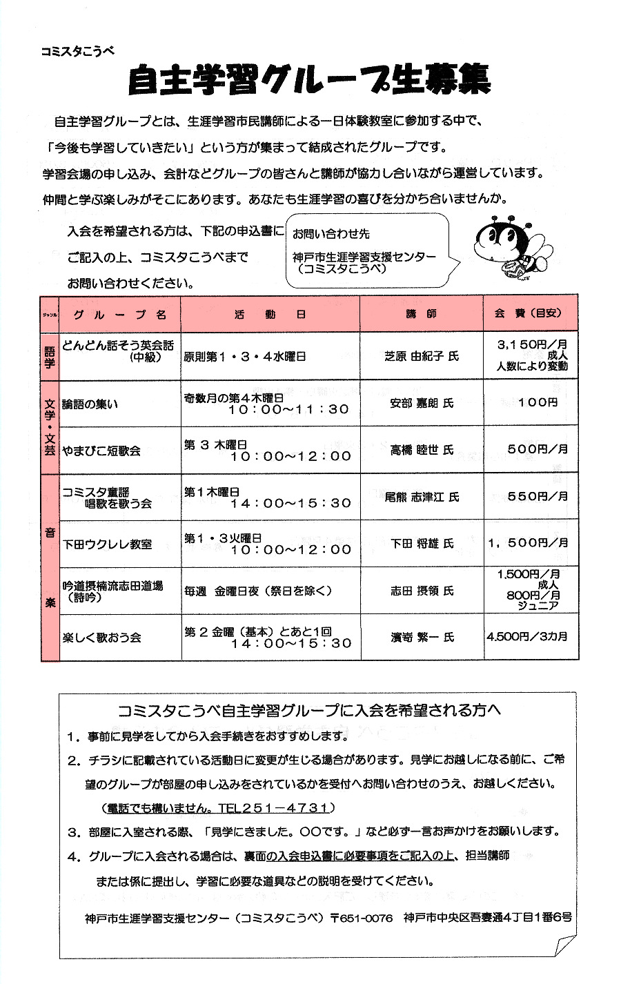 自主学習 コミスタこうべ自主学習グループ 募集 新着情報 神戸市生涯学習支援センター コミスタこうべ