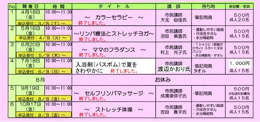 平成26年4月から10月のプログラム